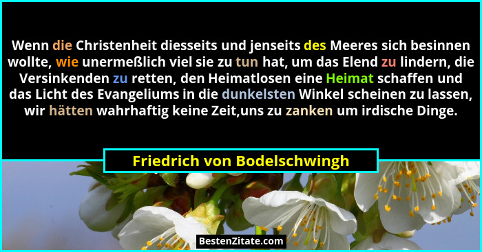 Wenn die Christenheit diesseits und jenseits des Meeres sich besinnen wollte, wie unermeßlich viel sie zu tun hat, um da... - Friedrich von Bodelschwingh