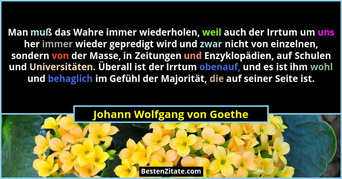 Man muß das Wahre immer wiederholen, weil auch der Irrtum um uns her immer wieder gepredigt wird und zwar nicht von einze... - Johann Wolfgang von Goethe