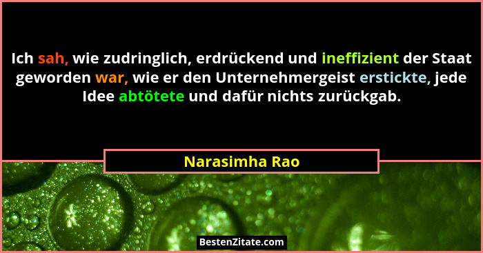 Ich sah, wie zudringlich, erdrückend und ineffizient der Staat geworden war, wie er den Unternehmergeist erstickte, jede Idee abtötete... - Narasimha Rao