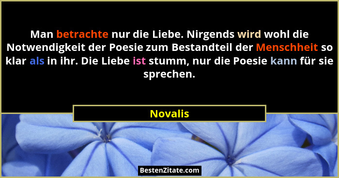 Man betrachte nur die Liebe. Nirgends wird wohl die Notwendigkeit der Poesie zum Bestandteil der Menschheit so klar als in ihr. Die Liebe is... - Novalis