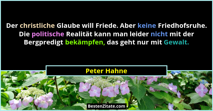 Der christliche Glaube will Friede. Aber keine Friedhofsruhe. Die politische Realität kann man leider nicht mit der Bergpredigt bekämpfe... - Peter Hahne