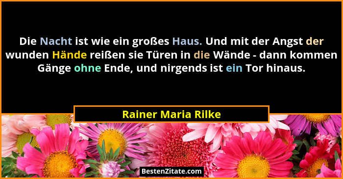 Die Nacht ist wie ein großes Haus. Und mit der Angst der wunden Hände reißen sie Türen in die Wände - dann kommen Gänge ohne Ende... - Rainer Maria Rilke