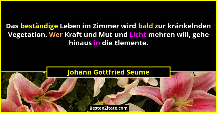 Das beständige Leben im Zimmer wird bald zur kränkelnden Vegetation. Wer Kraft und Mut und Licht mehren will, gehe hinaus in... - Johann Gottfried Seume