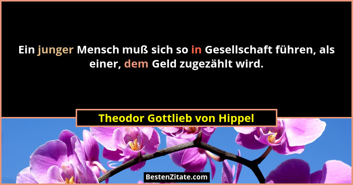 Ein junger Mensch muß sich so in Gesellschaft führen, als einer, dem Geld zugezählt wird.... - Theodor Gottlieb von Hippel