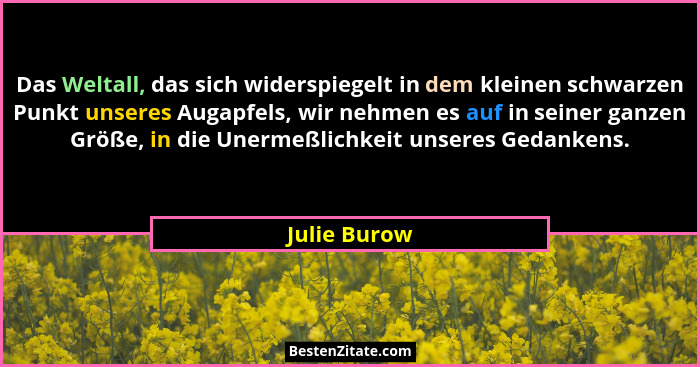 Das Weltall, das sich widerspiegelt in dem kleinen schwarzen Punkt unseres Augapfels, wir nehmen es auf in seiner ganzen Größe, in die U... - Julie Burow