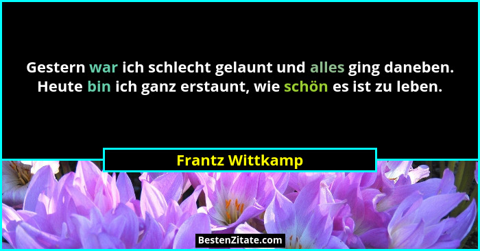 Gestern war ich schlecht gelaunt und alles ging daneben. Heute bin ich ganz erstaunt, wie schön es ist zu leben.... - Frantz Wittkamp
