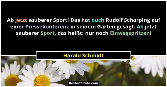 Ab jetzt sauberer Sport! Das hat auch Rudolf Scharping auf einer Pressekonferenz in seinem Garten gesagt. Ab jetzt sauberer Sport, da... - Harald Schmidt