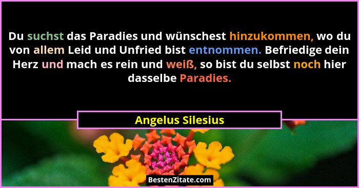 Du suchst das Paradies und wünschest hinzukommen, wo du von allem Leid und Unfried bist entnommen. Befriedige dein Herz und mach es... - Angelus Silesius