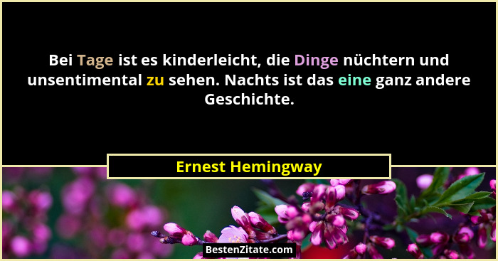 Bei Tage ist es kinderleicht, die Dinge nüchtern und unsentimental zu sehen. Nachts ist das eine ganz andere Geschichte.... - Ernest Hemingway