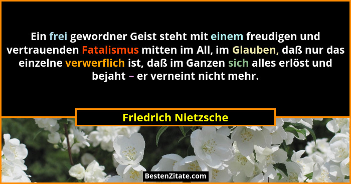 Ein frei gewordner Geist steht mit einem freudigen und vertrauenden Fatalismus mitten im All, im Glauben, daß nur das einzelne v... - Friedrich Nietzsche