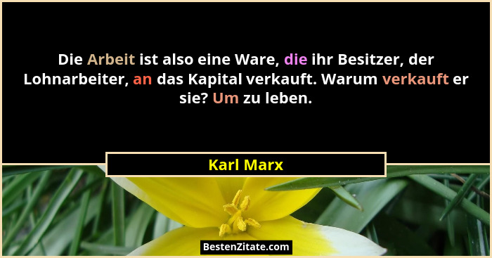 Die Arbeit ist also eine Ware, die ihr Besitzer, der Lohnarbeiter, an das Kapital verkauft. Warum verkauft er sie? Um zu leben.... - Karl Marx