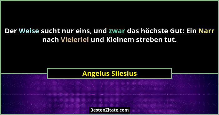 Der Weise sucht nur eins, und zwar das höchste Gut: Ein Narr nach Vielerlei und Kleinem streben tut.... - Angelus Silesius