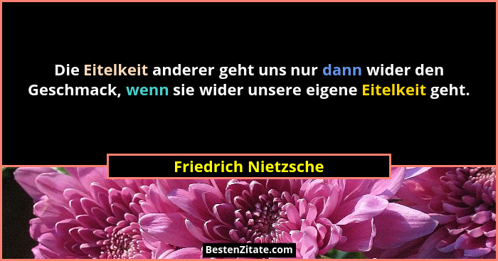 Die Eitelkeit anderer geht uns nur dann wider den Geschmack, wenn sie wider unsere eigene Eitelkeit geht.... - Friedrich Nietzsche