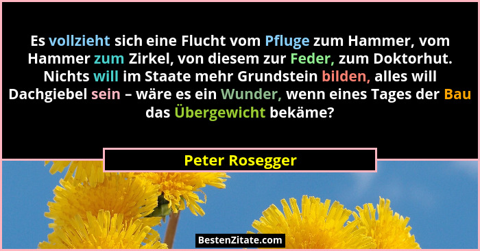 Es vollzieht sich eine Flucht vom Pfluge zum Hammer, vom Hammer zum Zirkel, von diesem zur Feder, zum Doktorhut. Nichts will im Staat... - Peter Rosegger