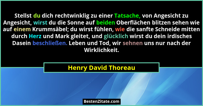 Stellst du dich rechtwinklig zu einer Tatsache, von Angesicht zu Angesicht, wirst du die Sonne auf beiden Oberflächen blitzen se... - Henry David Thoreau