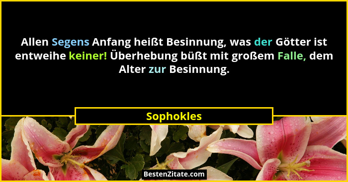 Allen Segens Anfang heißt Besinnung, was der Götter ist entweihe keiner! Überhebung büßt mit großem Falle, dem Alter zur Besinnung.... - Sophokles