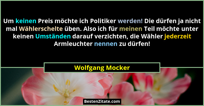 Um keinen Preis möchte ich Politiker werden! Die dürfen ja nicht mal Wählerschelte üben. Also ich für meinen Teil möchte unter keine... - Wolfgang Mocker