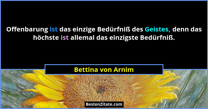 Offenbarung ist das einzige Bedürfniß des Geistes, denn das höchste ist allemal das einzigste Bedürfniß.... - Bettina von Arnim