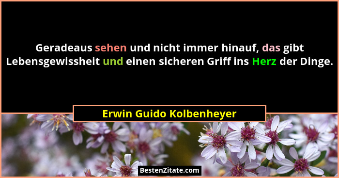 Geradeaus sehen und nicht immer hinauf, das gibt Lebensgewissheit und einen sicheren Griff ins Herz der Dinge.... - Erwin Guido Kolbenheyer