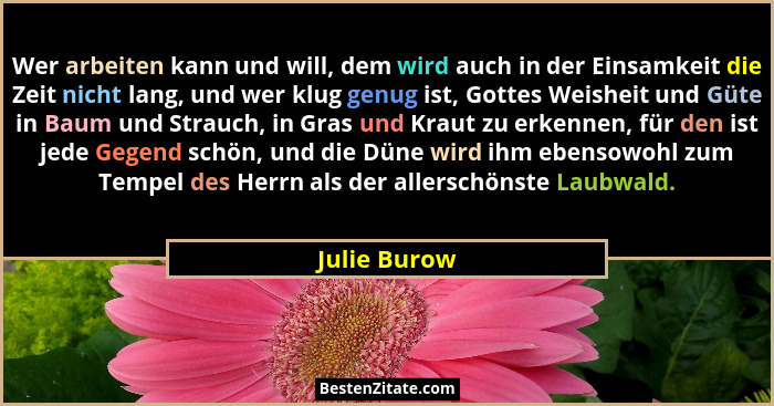 Wer arbeiten kann und will, dem wird auch in der Einsamkeit die Zeit nicht lang, und wer klug genug ist, Gottes Weisheit und Güte in Bau... - Julie Burow