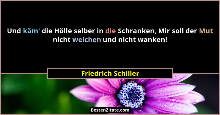 Und käm' die Hölle selber in die Schranken, Mir soll der Mut nicht weichen und nicht wanken!... - Friedrich Schiller