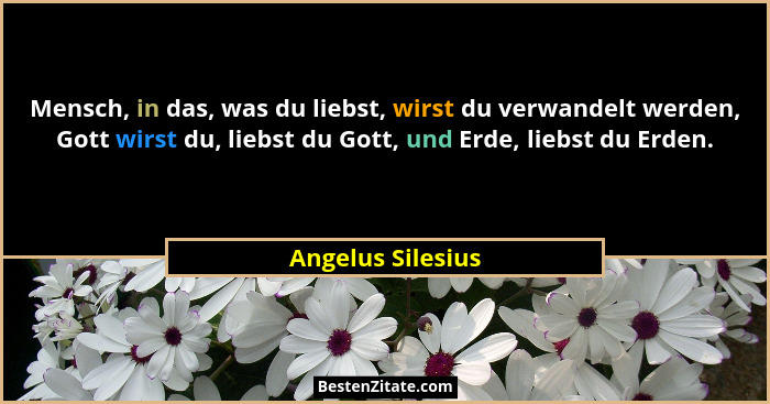 Mensch, in das, was du liebst, wirst du verwandelt werden, Gott wirst du, liebst du Gott, und Erde, liebst du Erden.... - Angelus Silesius