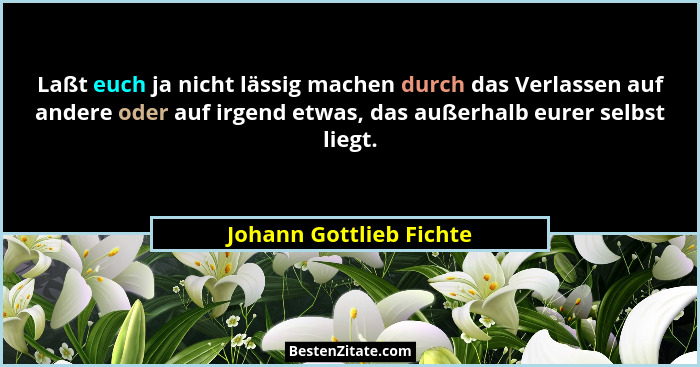 Laßt euch ja nicht lässig machen durch das Verlassen auf andere oder auf irgend etwas, das außerhalb eurer selbst liegt.... - Johann Gottlieb Fichte