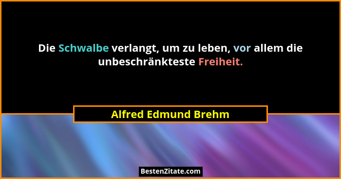 Die Schwalbe verlangt, um zu leben, vor allem die unbeschränkteste Freiheit.... - Alfred Edmund Brehm