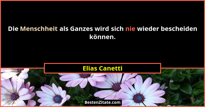 Die Menschheit als Ganzes wird sich nie wieder bescheiden können.... - Elias Canetti