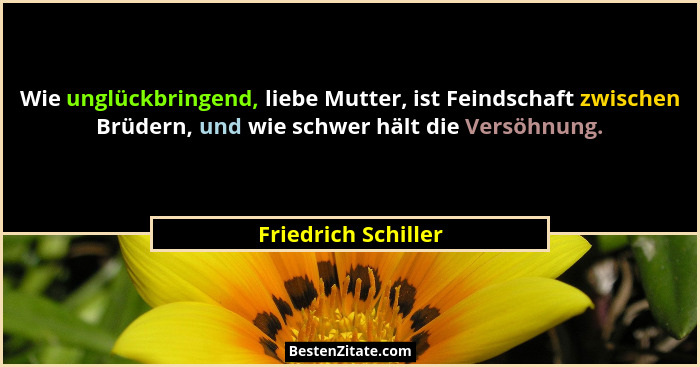 Wie unglückbringend, liebe Mutter, ist Feindschaft zwischen Brüdern, und wie schwer hält die Versöhnung.... - Friedrich Schiller