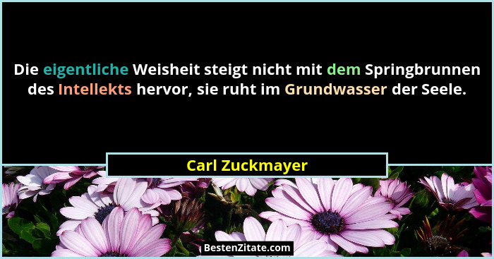 Die eigentliche Weisheit steigt nicht mit dem Springbrunnen des Intellekts hervor, sie ruht im Grundwasser der Seele.... - Carl Zuckmayer