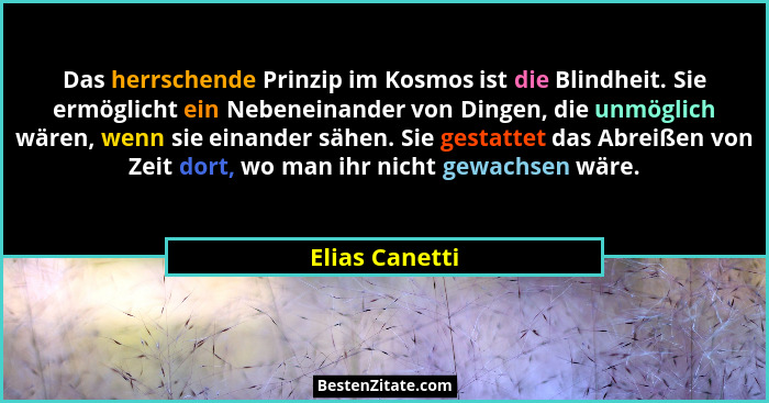 Das herrschende Prinzip im Kosmos ist die Blindheit. Sie ermöglicht ein Nebeneinander von Dingen, die unmöglich wären, wenn sie einand... - Elias Canetti