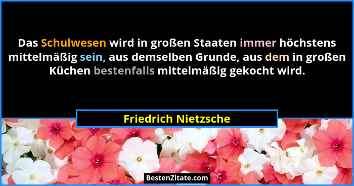 Das Schulwesen wird in großen Staaten immer höchstens mittelmäßig sein, aus demselben Grunde, aus dem in großen Küchen bestenfal... - Friedrich Nietzsche