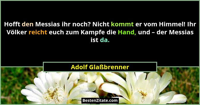Hofft den Messias ihr noch? Nicht kommt er vom Himmel! Ihr Völker reicht euch zum Kampfe die Hand, und – der Messias ist da.... - Adolf Glaßbrenner