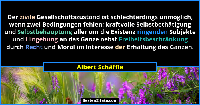 Der zivile Gesellschaftszustand ist schlechterdings unmöglich, wenn zwei Bedingungen fehlen: kraftvolle Selbstbethätigung und Selbst... - Albert Schäffle