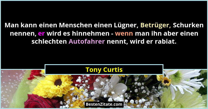 Man kann einen Menschen einen Lügner, Betrüger, Schurken nennen, er wird es hinnehmen - wenn man ihn aber einen schlechten Autofahrer ne... - Tony Curtis