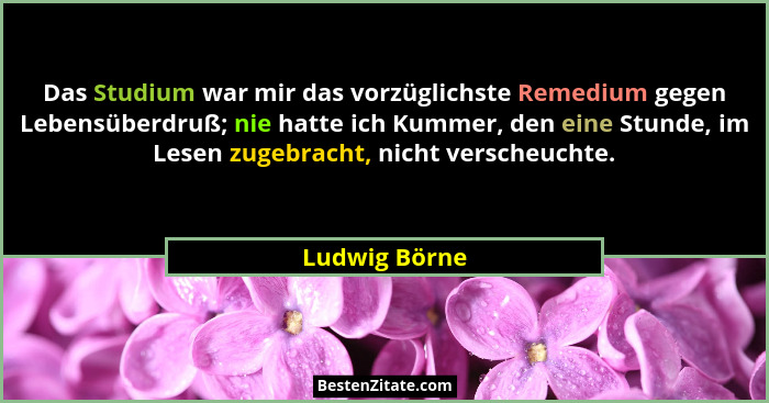 Das Studium war mir das vorzüglichste Remedium gegen Lebensüberdruß; nie hatte ich Kummer, den eine Stunde, im Lesen zugebracht, nicht... - Ludwig Börne