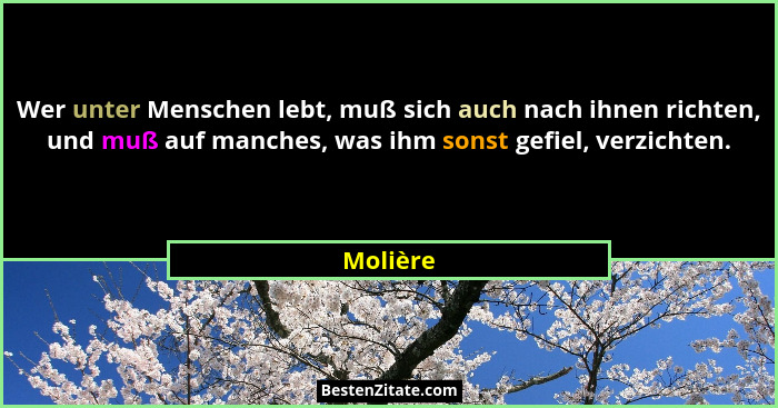 Wer unter Menschen lebt, muß sich auch nach ihnen richten, und muß auf manches, was ihm sonst gefiel, verzichten.... - Molière