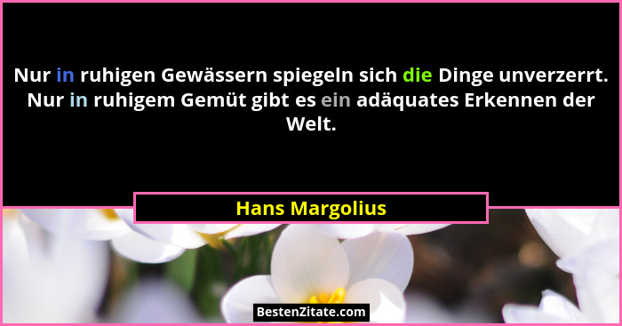 Nur in ruhigen Gewässern spiegeln sich die Dinge unverzerrt. Nur in ruhigem Gemüt gibt es ein adäquates Erkennen der Welt.... - Hans Margolius