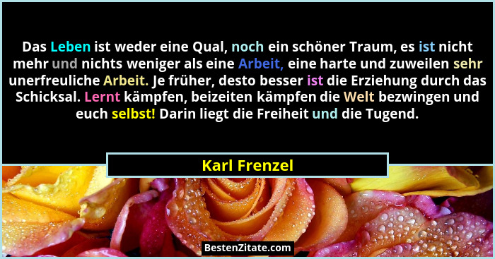 Das Leben ist weder eine Qual, noch ein schöner Traum, es ist nicht mehr und nichts weniger als eine Arbeit, eine harte und zuweilen se... - Karl Frenzel