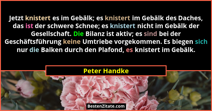 Jetzt knistert es im Gebälk; es knistert im Gebälk des Daches, das ist der schwere Schnee; es knistert nicht im Gebälk der Gesellschaft... - Peter Handke