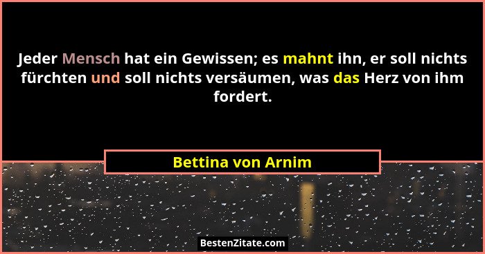 Jeder Mensch hat ein Gewissen; es mahnt ihn, er soll nichts fürchten und soll nichts versäumen, was das Herz von ihm fordert.... - Bettina von Arnim