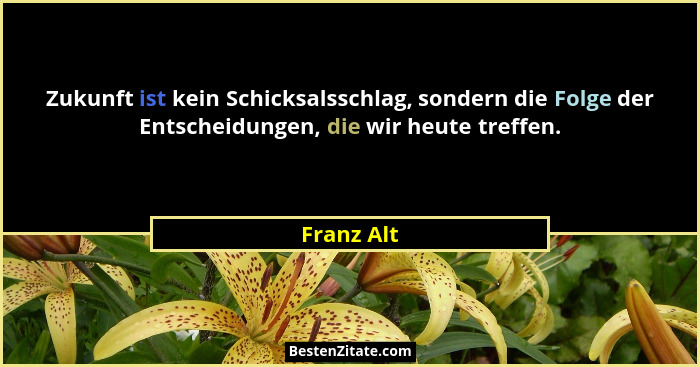 Zukunft ist kein Schicksalsschlag, sondern die Folge der Entscheidungen, die wir heute treffen.... - Franz Alt