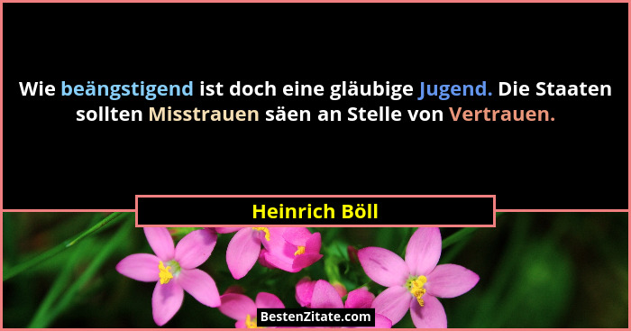 Wie beängstigend ist doch eine gläubige Jugend. Die Staaten sollten Misstrauen säen an Stelle von Vertrauen.... - Heinrich Böll