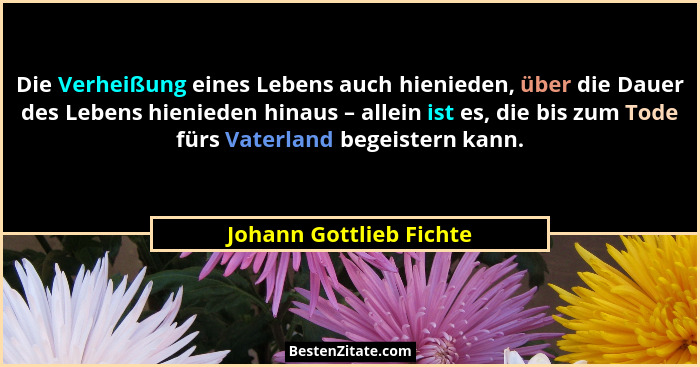 Die Verheißung eines Lebens auch hienieden, über die Dauer des Lebens hienieden hinaus – allein ist es, die bis zum Tode fürs... - Johann Gottlieb Fichte