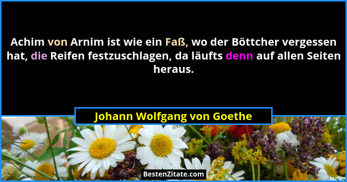 Achim von Arnim ist wie ein Faß, wo der Böttcher vergessen hat, die Reifen festzuschlagen, da läufts denn auf allen Seite... - Johann Wolfgang von Goethe