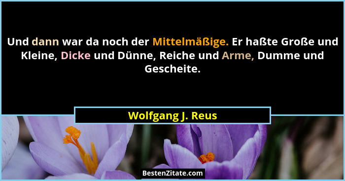 Und dann war da noch der Mittelmäßige. Er haßte Große und Kleine, Dicke und Dünne, Reiche und Arme, Dumme und Gescheite.... - Wolfgang J. Reus