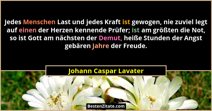 Jedes Menschen Last und jedes Kraft ist gewogen, nie zuviel legt auf einen der Herzen kennende Prüfer; ist am größten die Not,... - Johann Caspar Lavater
