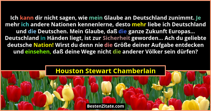 Ich kann dir nicht sagen, wie mein Glaube an Deutschland zunimmt. Je mehr ich andere Nationen kennenlerne, desto mehr li... - Houston Stewart Chamberlain