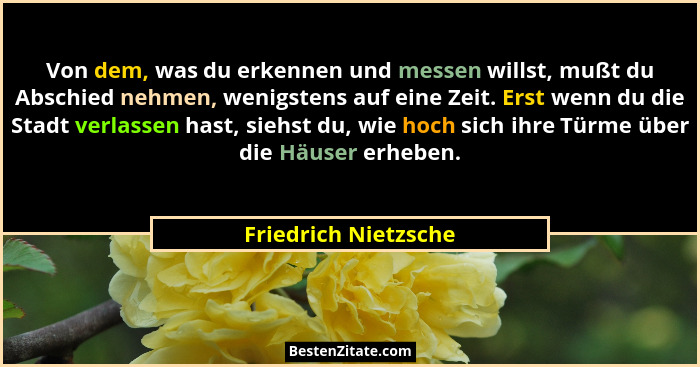 Von dem, was du erkennen und messen willst, mußt du Abschied nehmen, wenigstens auf eine Zeit. Erst wenn du die Stadt verlassen... - Friedrich Nietzsche